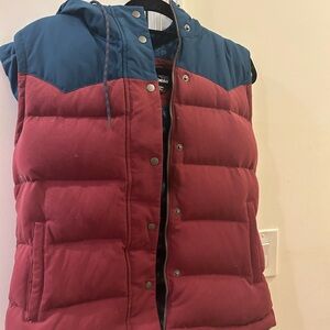Patagonia red and blue hooded puffer vest